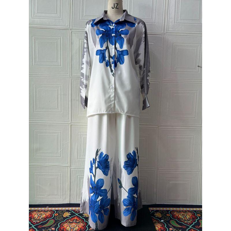 2025 European and American Summer New Ink Painting Positioning Print Long Sleeve Top Wide Leg Pants Fashion Two-piece Set
