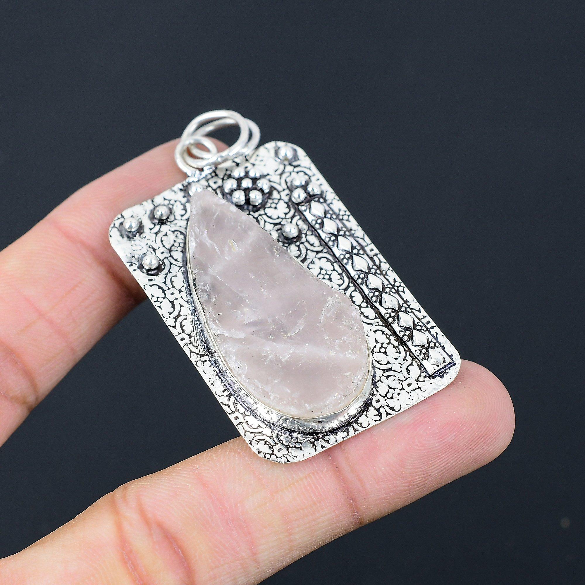 Sisters Day Sale 925 Sterling Silver Pear Natural Rose Quartz Rough Boho Pendant