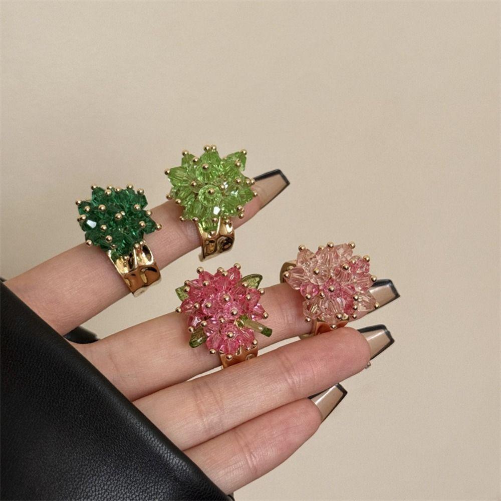 Korean Style Beaded Flower  Ring Jewelry Accessories Finger Buckle Vintage Y2K Open Ring  Couple