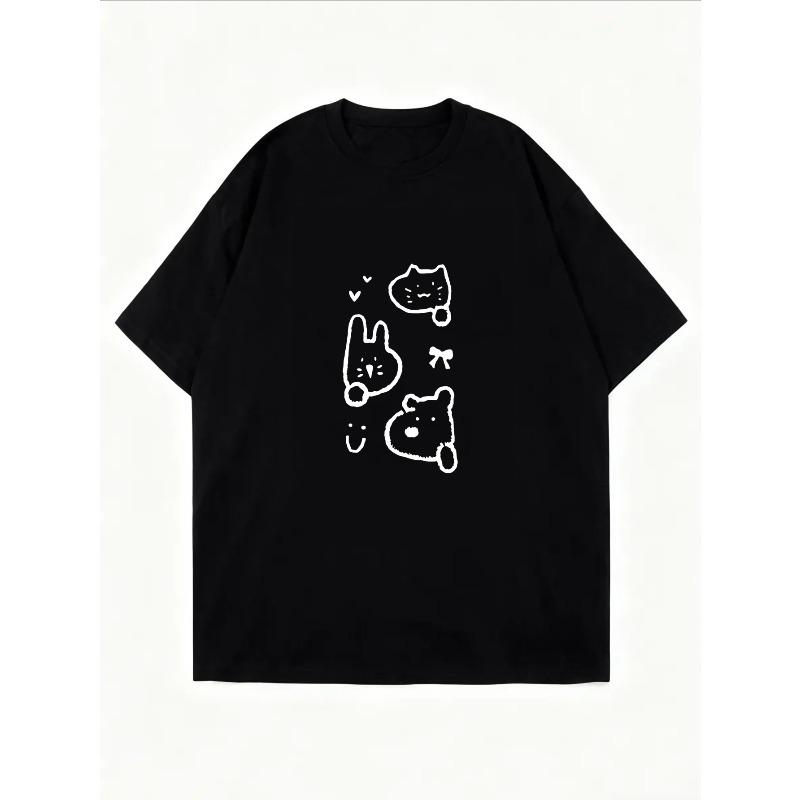Baumwoll-T-Shirt Weißer Bär und Hase Umrissdruck Lässige Alltagskleidung