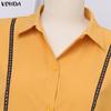 VONDA Women Lapel Neck Long Sleeve Embroidery Hem Casual Long Elegant Shirts Dress