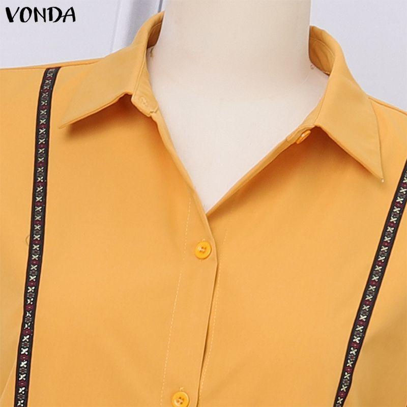 VONDA Women Lapel Neck Long Sleeve Embroidery Hem Casual Long Elegant Shirts Dress