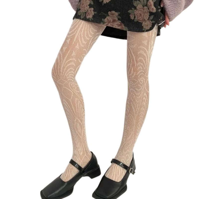 Women Vintage Hollowed Fishnet Pantyhose Stockings Japanese Aesthetic Exotic Geometric Patterned Mesh Tights Leggings