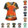 Women's Hawaiian Print V-Neck Double Pocket Short Sleeve Uniform/ Top