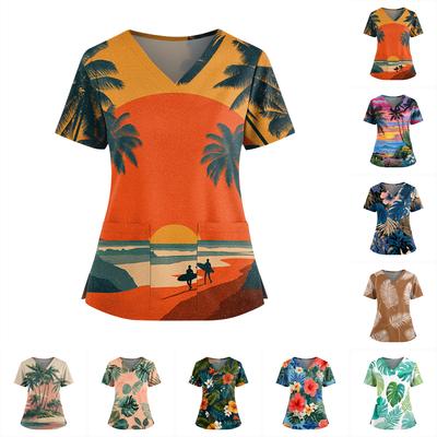 Uniforme/Top Feminino Havaiano com Estampa, Decote V, Bolsos Duplos e Manga Curta