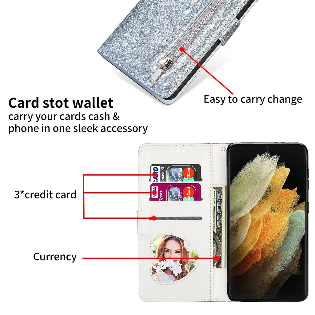 For Samsung Galaxy S24 Case Glittery Phone Wallet Cover with Zipper Pocket