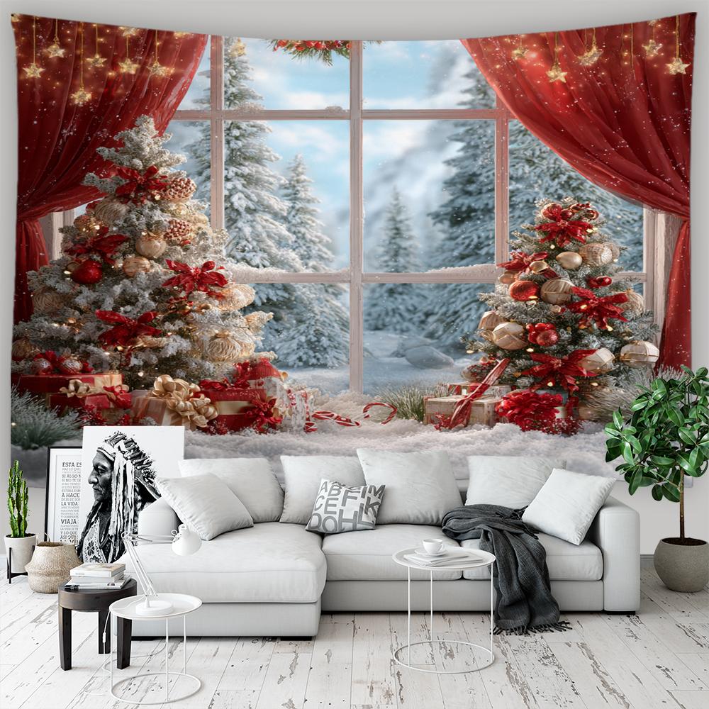 Christmas Tree Outside Window Winter Cedar Christmas Wreath Wall Hanging Christmas Tapestry Home Living Room Sofa Decor Tapestry W60H190(CM)-1 Pcs