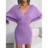 Autumn and Winter, Sexy Cross V-neck, Bat Sleeves, Hip Hugging Skirt, Dress, Woolen Dress, Women's Clothing