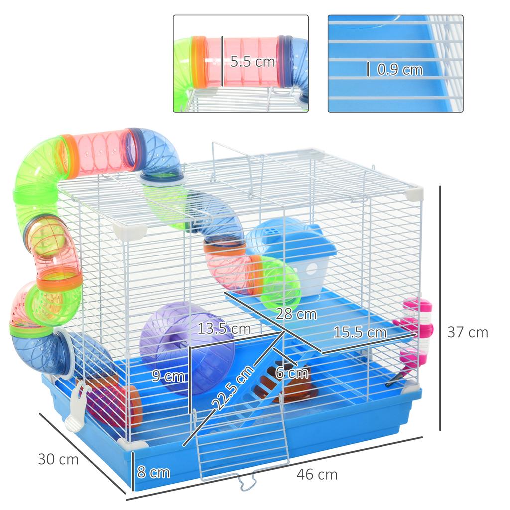 2-Tier Hamster Cage with Water Tank, Tray, Tube and Hamster Wheel, 46x30x37cm