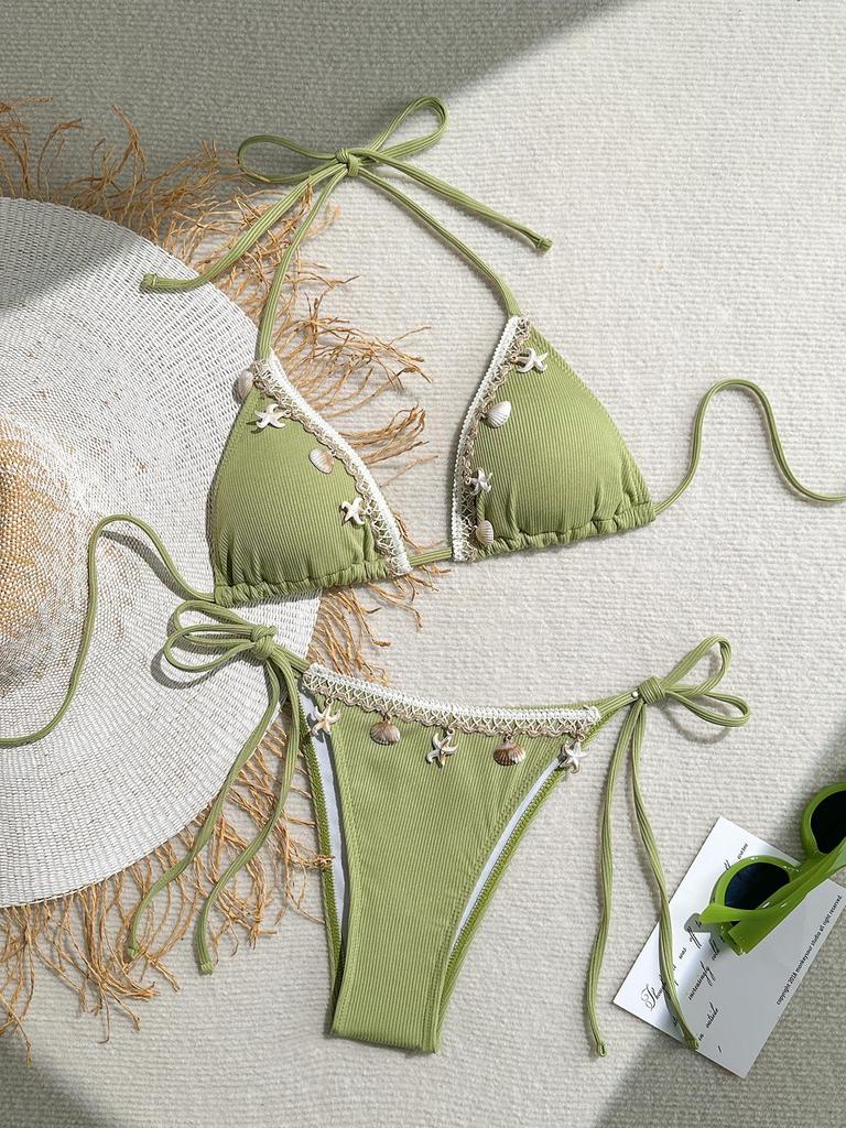 Women's Swimsuit Solid Halter Side Tie Bikini Suit Beachwear Bathing Suits with Shell