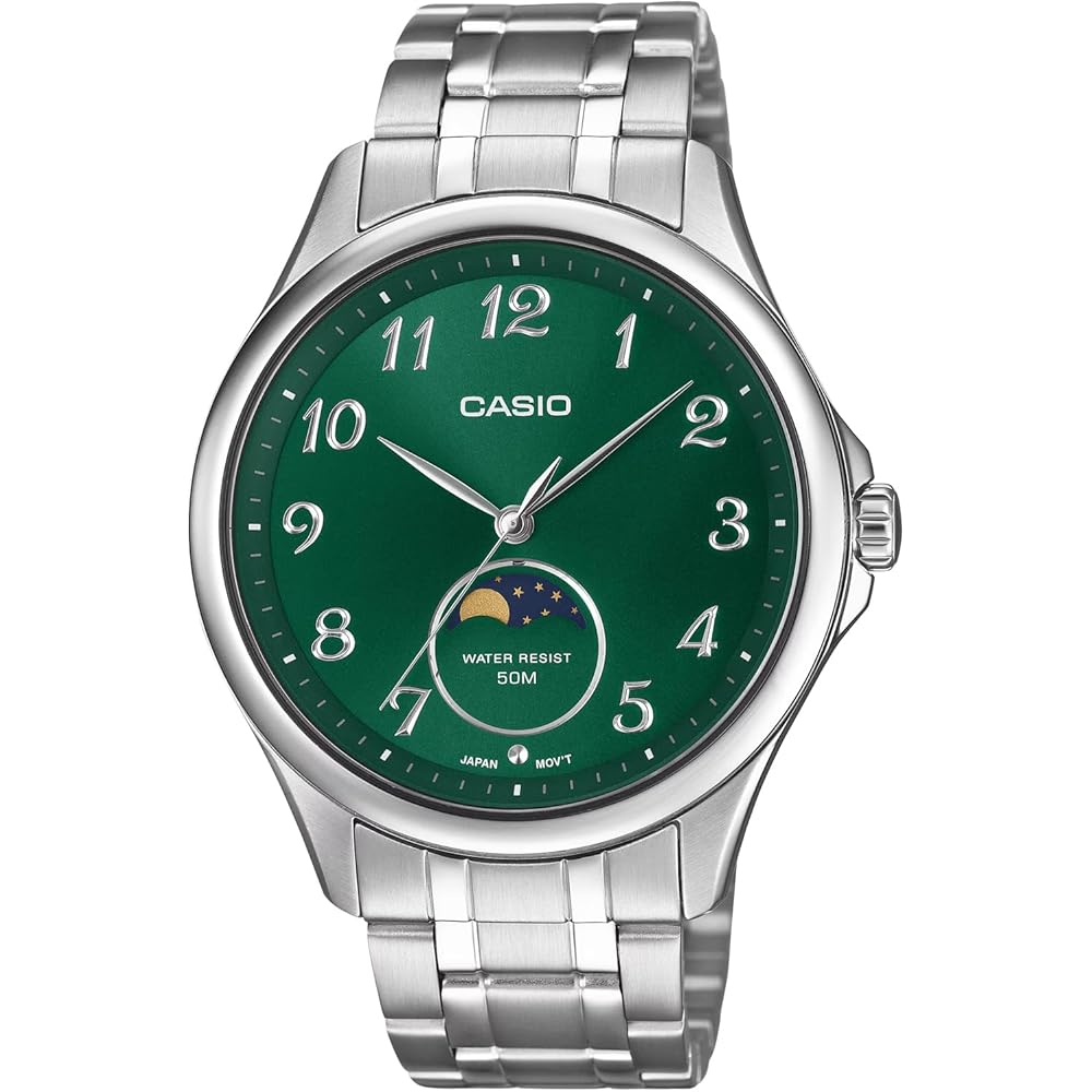 Casio Standard Moon Phase Analog Men s Watch MTP-M110D-3AV Round Face Metal Band Green