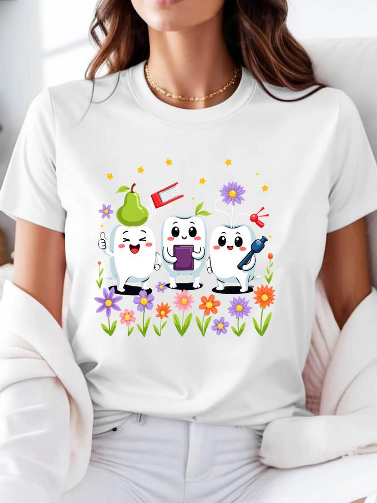 Cute Tooth Characters With Flowers Fruits Unisexs Tshirt Cartoon Dental Design For Casual And Printed Tops Tee Female Tshirt