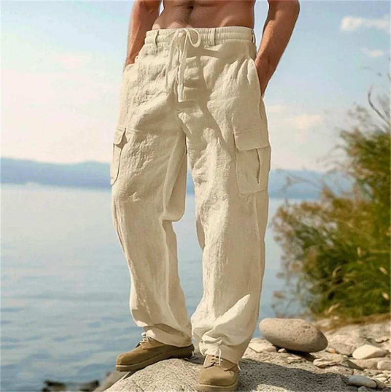 Herren Freizeit Hose Locker Bequem Cargohose Hose Mann Baumwolle Leinen Mehrere Taschen Gerade Hose Strand dünn Männer Hose