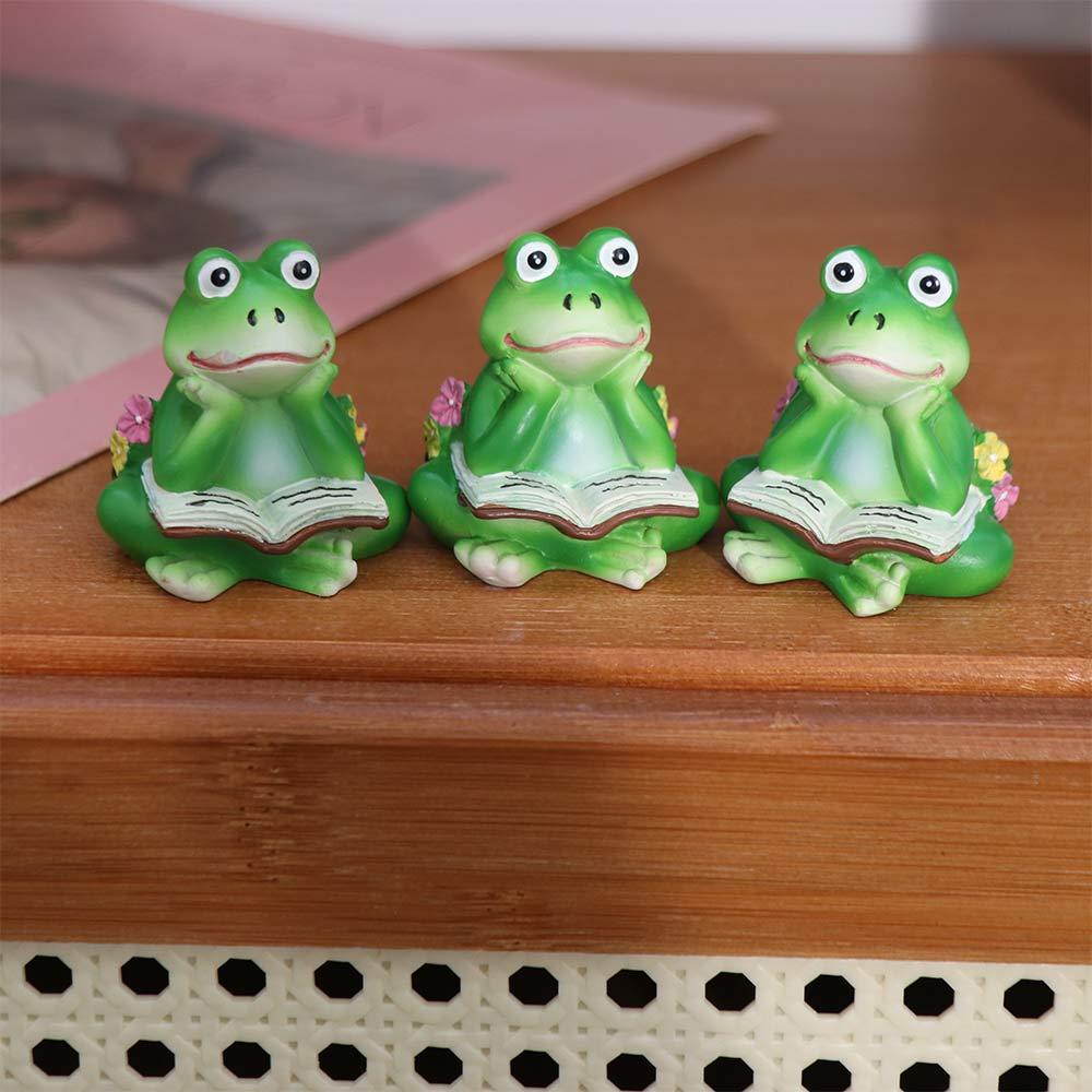 3pcs Resin Crafts Reading Frogs Figurines Green Animal Statue Home Living Room