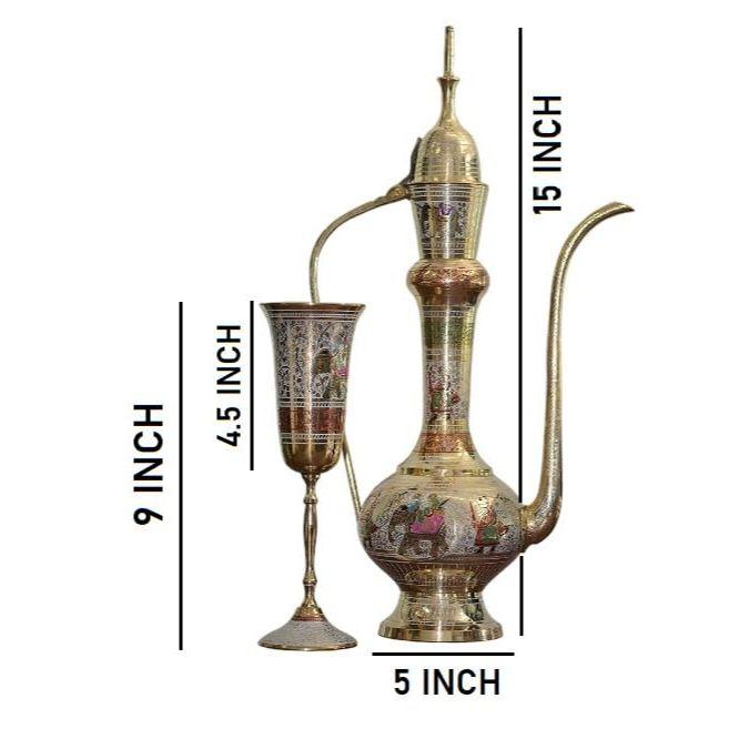 Hand Crafted Metal Brass 6 Wine Glass Set with Aftaba with Nakkashi Work Collectible Art (Multicolour)