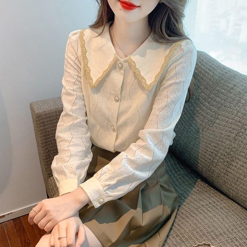 Doll Collar Chiffon Blouse for Women, New Spring and Autumn 2026 Fashionable and Stylish Lace Base Shirt