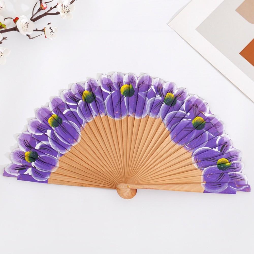 Chinese Style Wooden Folding Fan Hand-Painted Pattern Handheld Fan Ancient Flower Fan Women Use