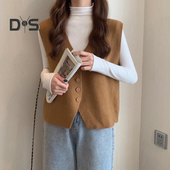 Jesień Zima Damska Kamizelka Dekolt w Serek Zapinana Na Guziki Jednolity Kolor Luźna Dzianina Gruba Utrzymuje Ciepło Bez Rękawów Luźny Sweter Top