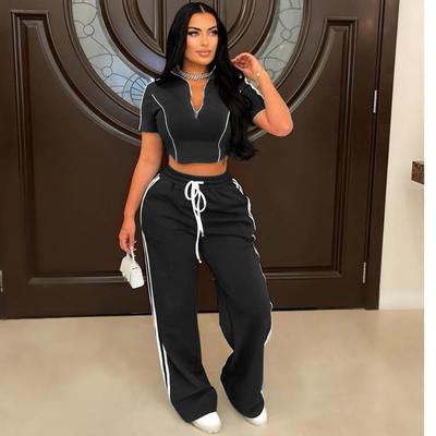Women's New Fashion Casual Two-piece Zip Short-sleeved Short Top with Loose Trousers