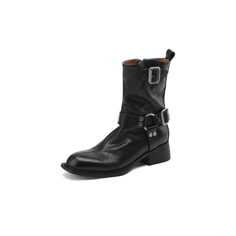 Fashion 2024 Autumn Women Boots Genuine Leather Women Shoes Round Toe Chunky Heel Boots Winter Modern Boots Mid-calf Platform Boots