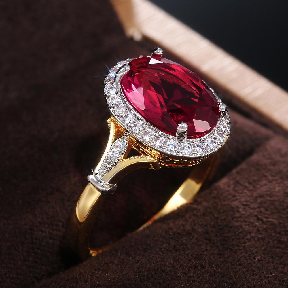Huitan Gorgeous Women Wedding Party Finger Rings Oval Red CZ Two Tone Design Noble Birthday Gifts Female Elegant Fashion Jewelry