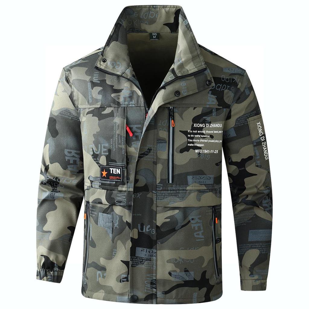 Men's Camouflage Workwear Set, Wear-Resistant Polyester-Cotton with Reflective Strips, Thickened for Spring & Autumn Outdoor Use