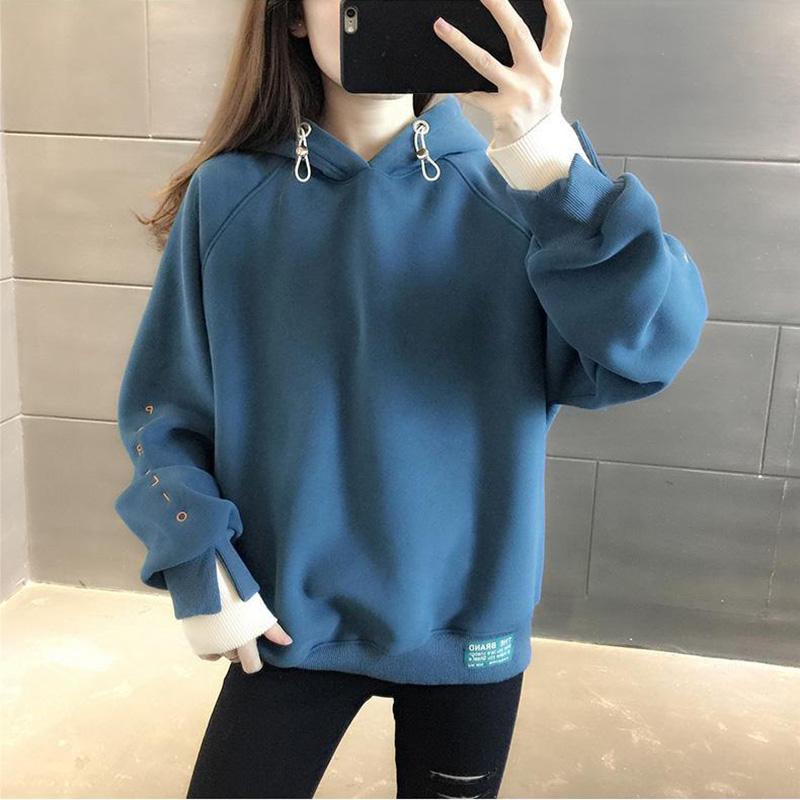 Cotton Sweatshirt Women Autumn Hooded Comfortable Thickened Fake Two Piece Top Solid Color Casual Versatile Sweatshirt