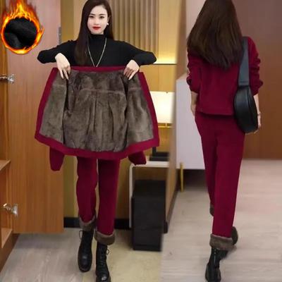 Autumn Winter Women Casual Pants Suits Thick Corduroy Sets Fashion Add Velvet Warm Short Jacket + Harem Pants Two Piece Set