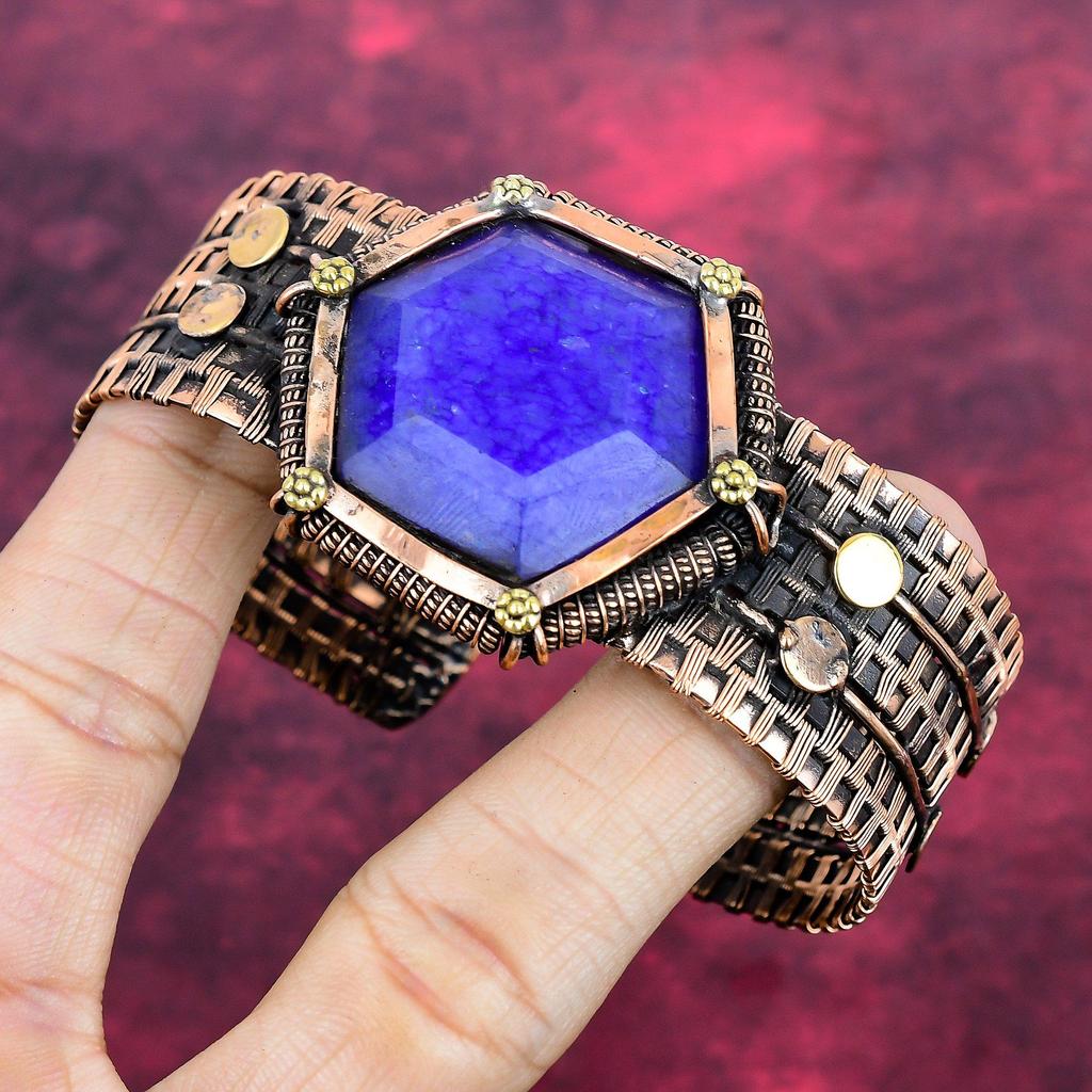 Faceted Blue Sapphire Bangle Copper Wire Wrapped Jewelry Adjustable Bangle