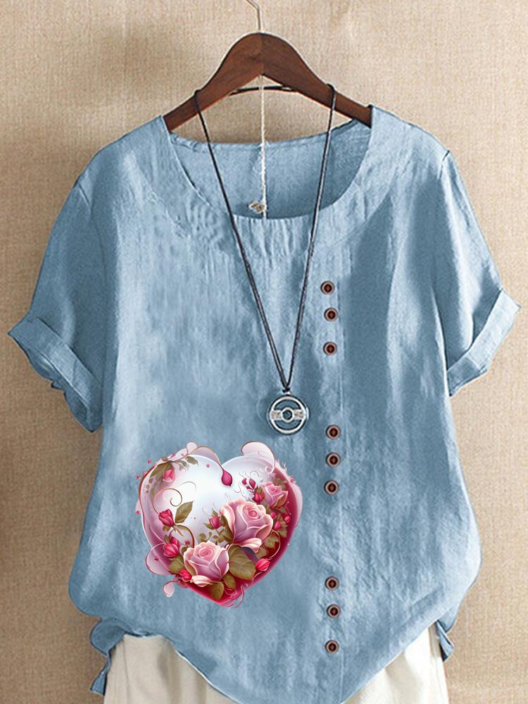 Women's Fashion Love Shaped Pattern Print Shot Sleeve T-shirt Loose Cotton Shirt Casual Loose Summer Plus Size Blouse Tops