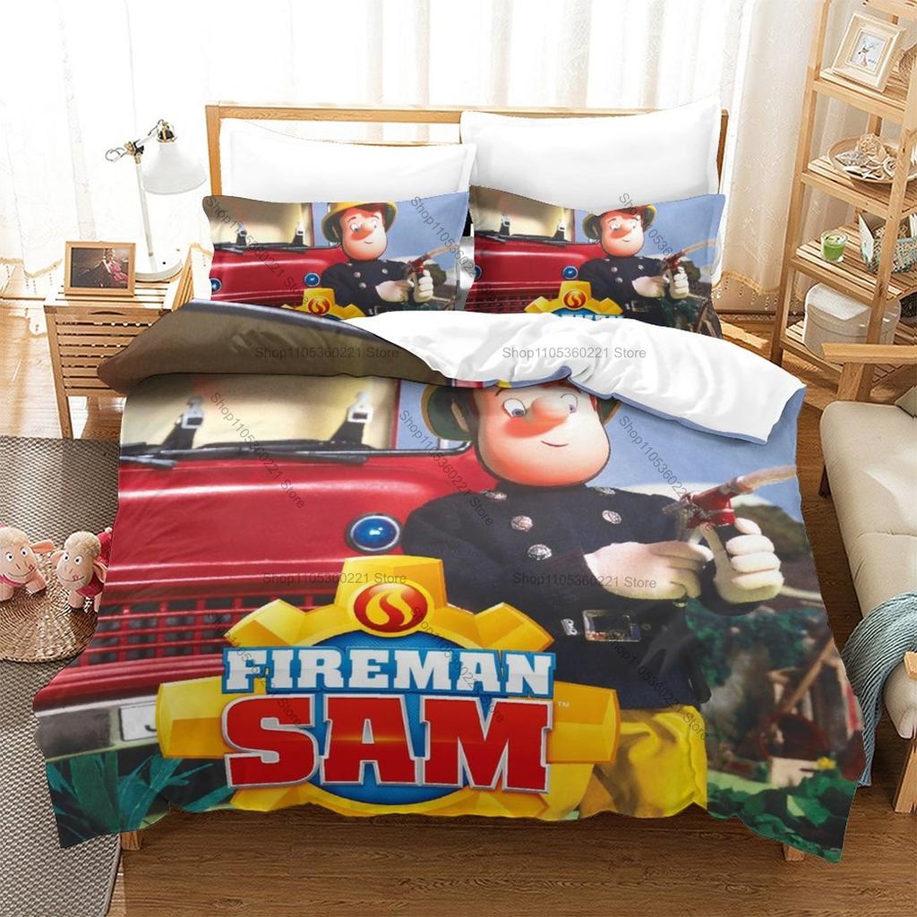 Cute Fireman Sam Rescue Cartoon Fire Engine HD Print Bedding Set Duvet Cover + 2 Pillowcases Polyester Boys/Girls Room Decor