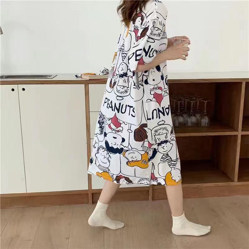 Summer Women's  Loose Short-Sleeve Cartoon Nightdress Cute Lightweight Student Style Sleepwear Home Wear Pajamas