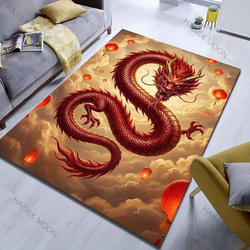 1PC Red Dragon with Floating Lanterns Carpet for Living Room Bedroom Sofa Home Decor Rus Non-slip Floor Mat Luxury Gift