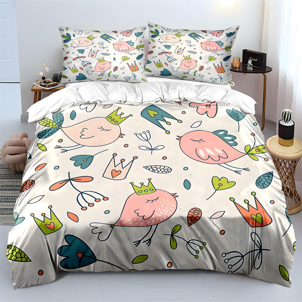 Cute Birds And Crown Floral Pattern Duvet Cover Set Digital Print Colorful Polyester Bedding With Zipper Closur For Kids Gifts