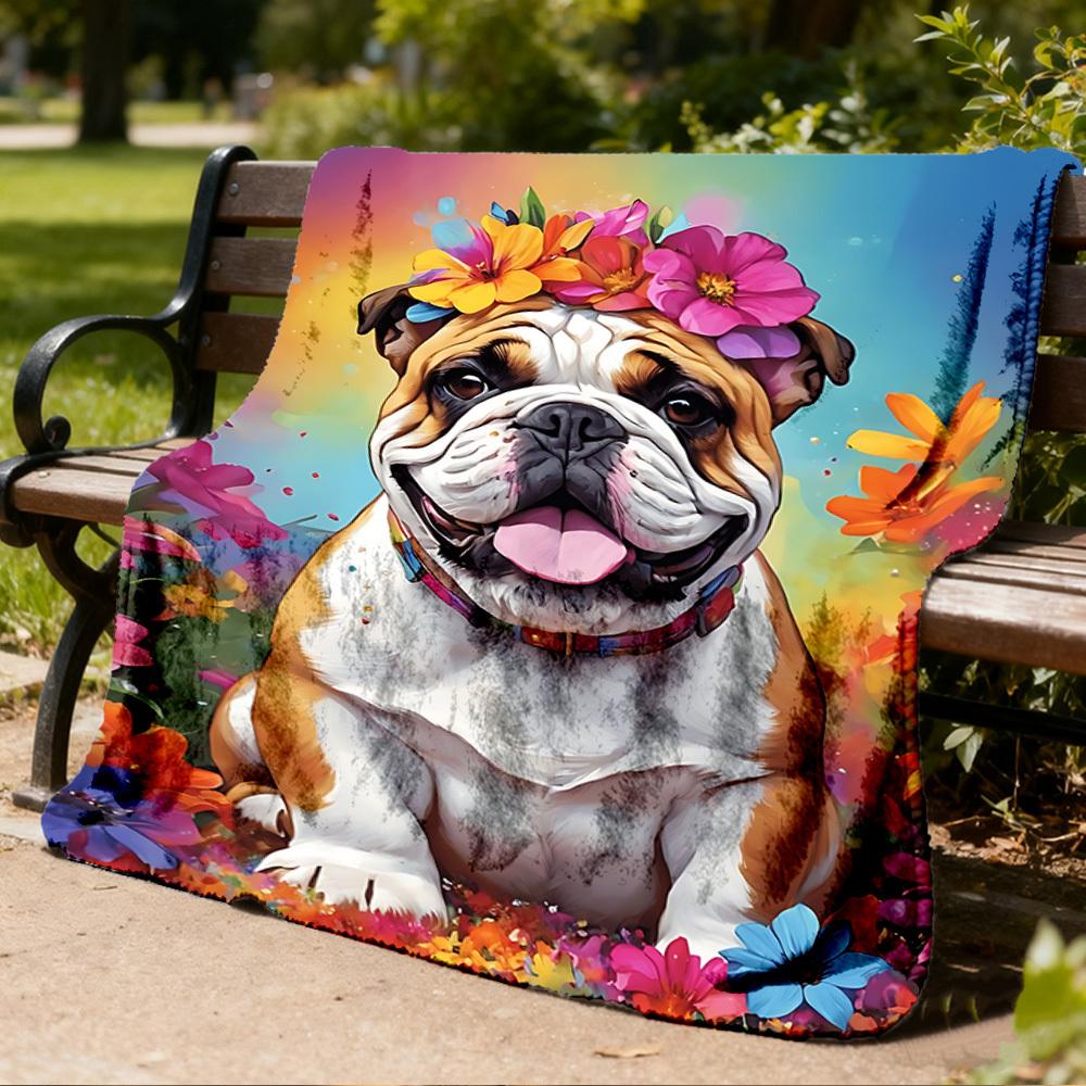 1pc Bulldog Floral Crown Outdoor Soft Polyester Flannel Throw Blanket Versatile for All Seasons , Soft , Cozy , Warm All Season Quilted Throw ,