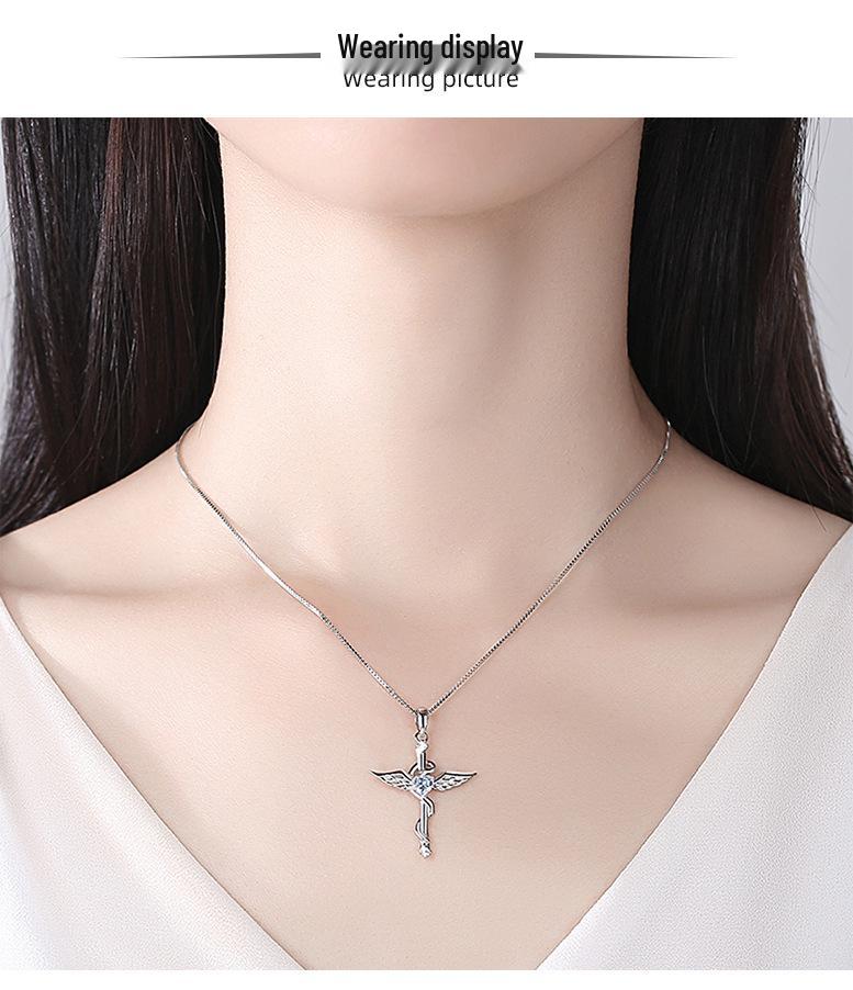 Sterling Silver S925 Cross-Woven Angel Wings Zircon Pendant - Fashion Jewelry