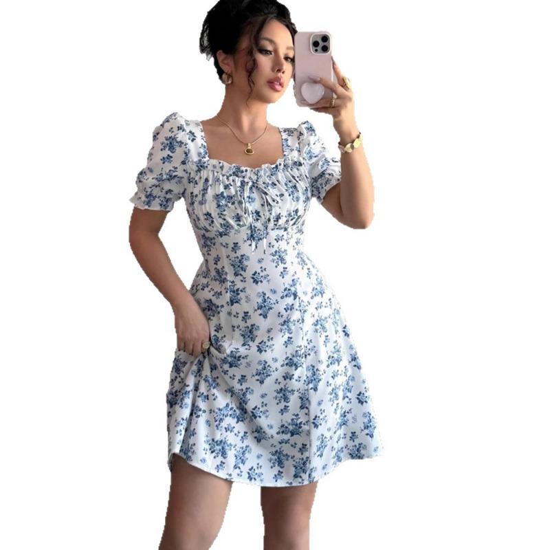 Square Collar Summer Puff Short Sleeve Floral Dress Fashion Elegant Slim Fit A-line Party Short Dress Female Casual Sweet Holiday Clothing