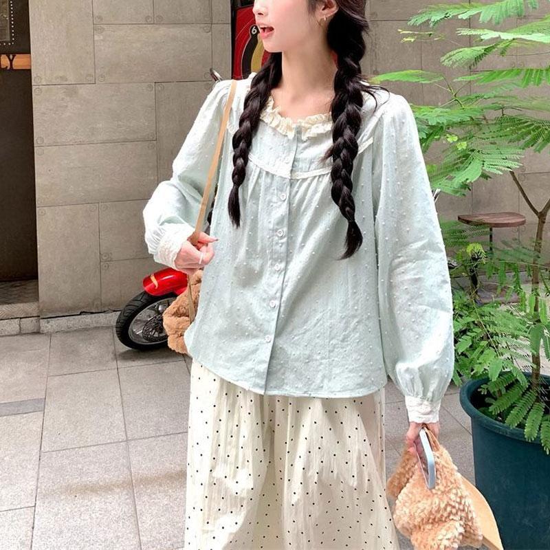 Spring Autumn Sweet Shirt French Lace Spliced Women's Polka Dot Chic Single-breasted Commute Long Sleeve Blouse