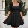 Women's Summer Dress Pullover Square Collar Tie Bow Waist A-line Skirt