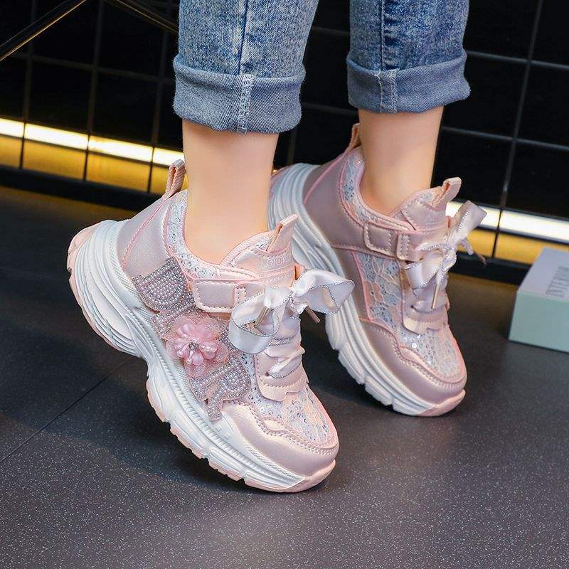 Girls shoes 2025 spring and autumn new children's breathable girls princess sports shoes casual belt diamond dad shoes
