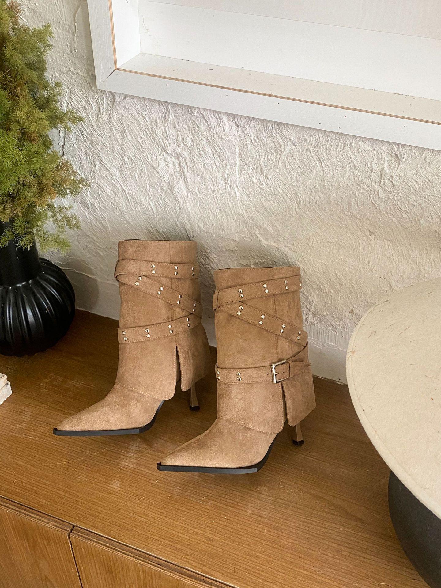 

Rivet suede high trouser tube boots women s 2025 new niche design pointed thin high heel medium tube knight boots 39 абрикосовий