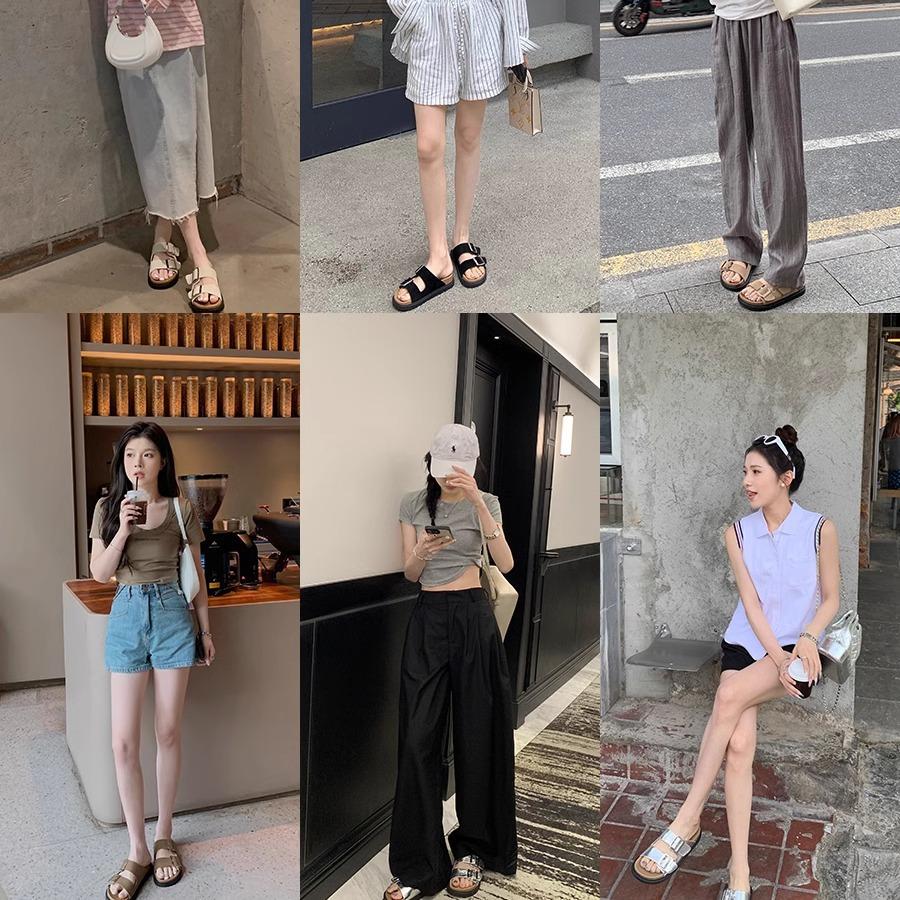 Cowhide version~ Summer new one-word with square buckle thick-bottomed beach slippers women's sandals