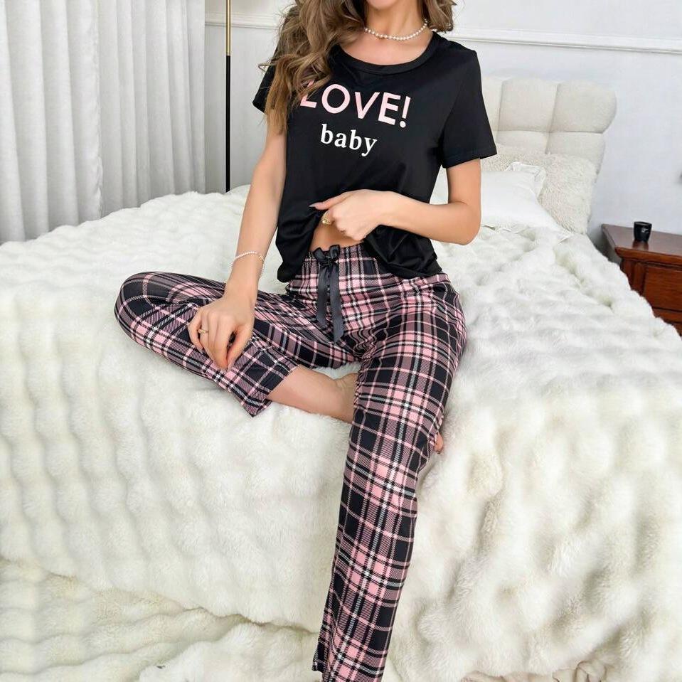 Letter Print Short-sleeved Plaid Trousers Loungewear Suit Women