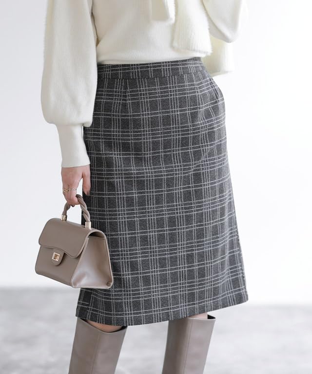 Pierrot Brushed Stretch Size Check Pattern Cashmere-Touch I-Line Skirt, Fabric, Waist, Below-the-Knee Length, Women's, M,