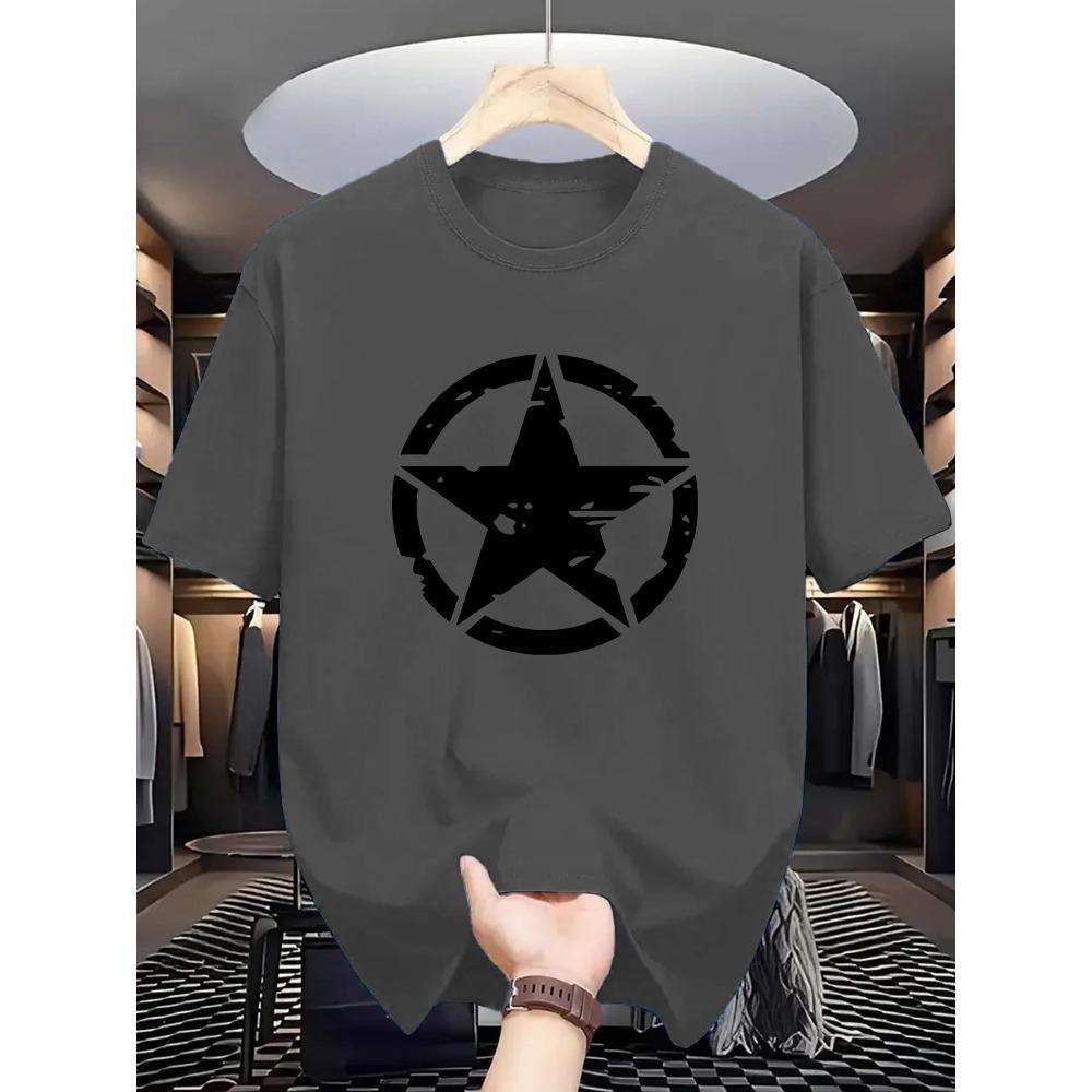 Men'S Casual Crew Neck T-Shirt with Geometric Five-Pointed Star Print, Knit Fabric, Slight Stretch, Regular Fit