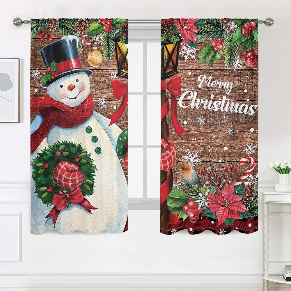 2 Pieces, Snowman Christmas Wooden Background Curtains -30% Blackout - Suitable for Living Room, Bedroom, Kitchen, Home Decorati