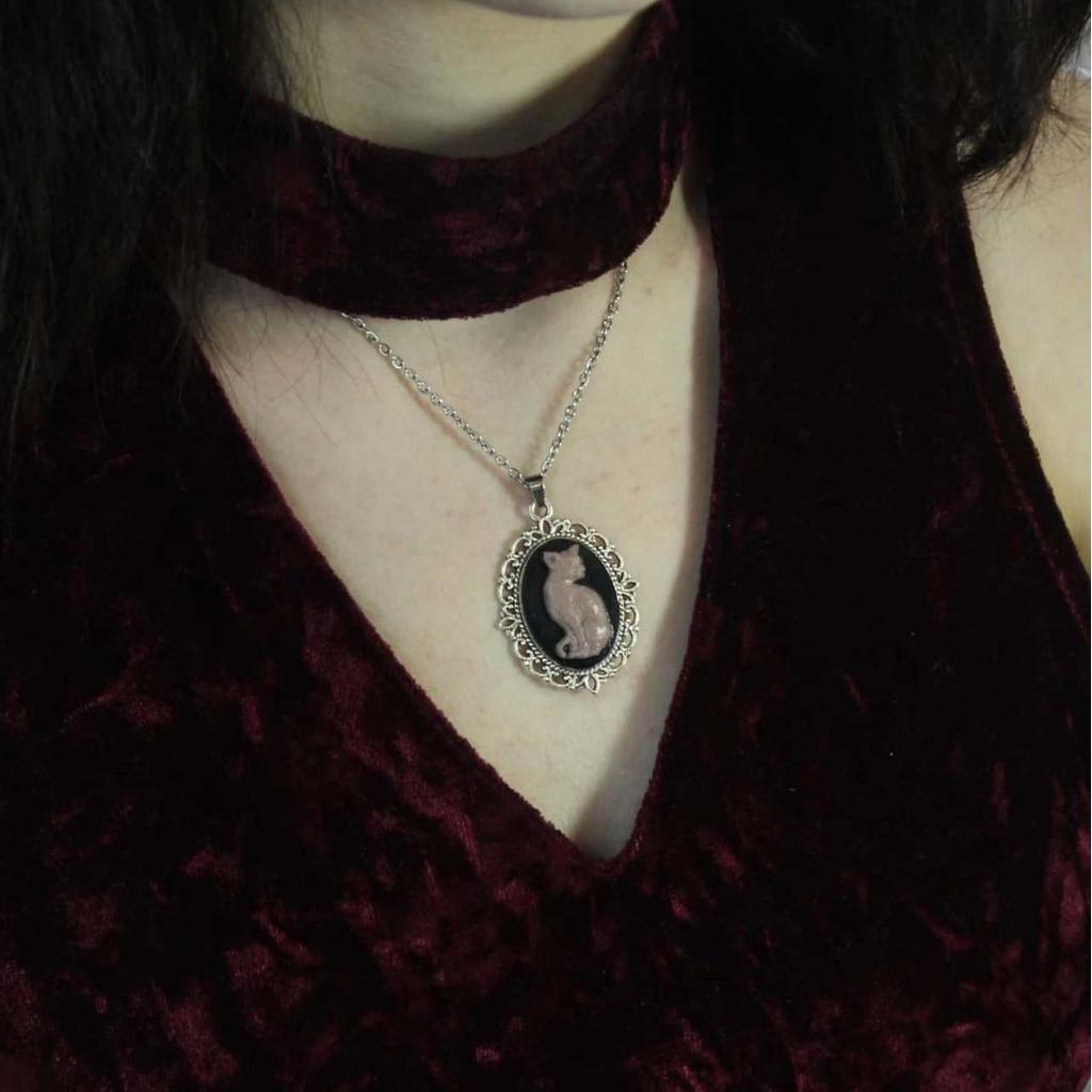 White Cat Cameo Necklace, Gothic Jewelry, Pagan, Witchcraft Accessories, Alternative, Retro, Organ, Choker For Women Man