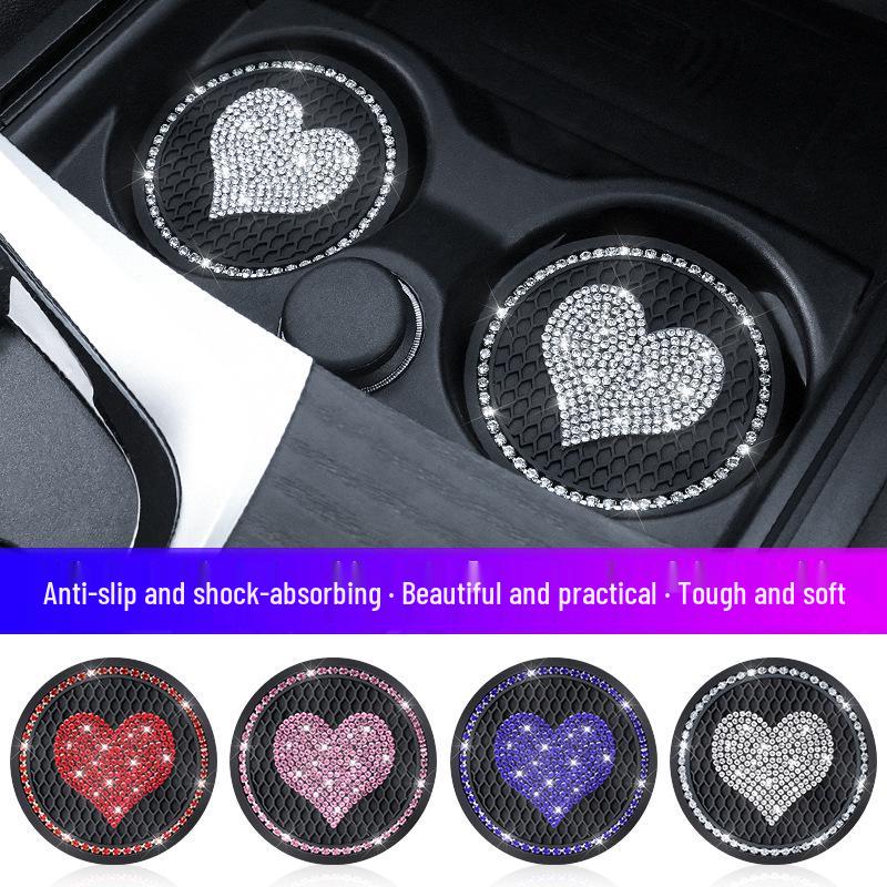 Colorful Heart Rhinestone Non-slip Car Cup Holder Mat - Decorative Interior Coaster