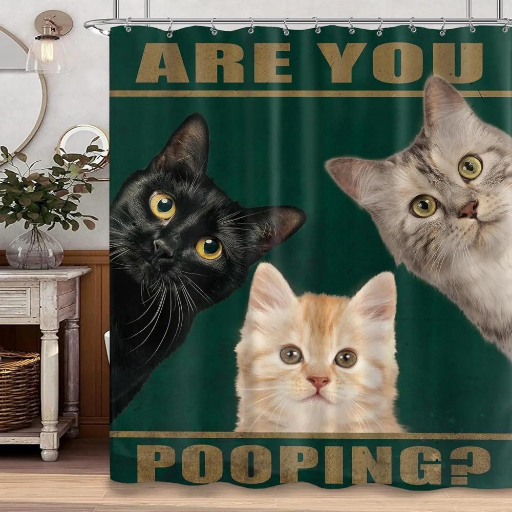 Funny Cat Cartoon Shower Curtain, 3D Printed Cat Bath Decor, Water Resistant Heavy Duty Washable Bathroom Decor