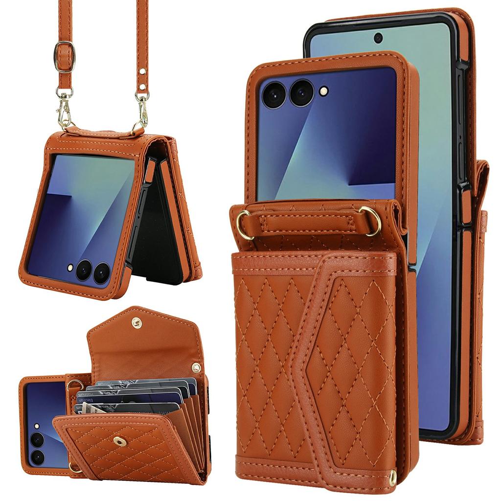For Samsung Galaxy Z Flip7 5G Case Card Holders RFID Blocking PU Leather Phone Back Cover with Shoulder Strap